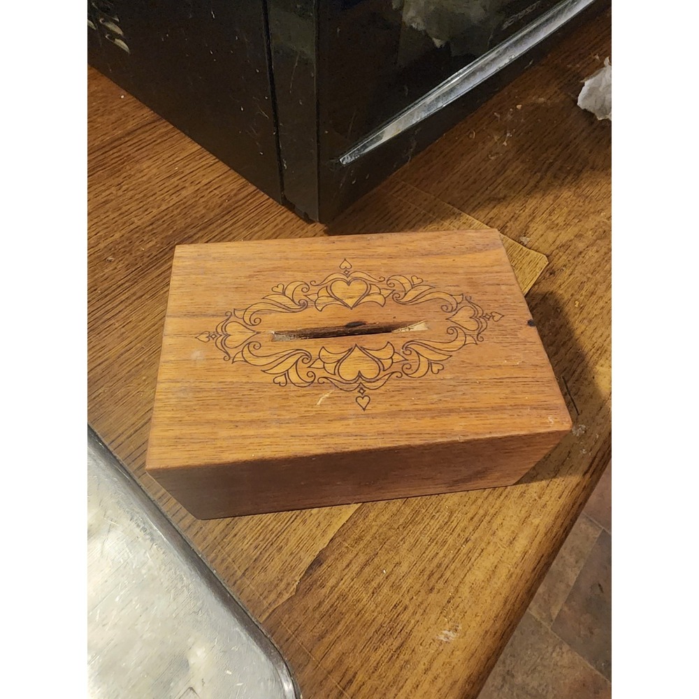 Vintage‎ 1980 Toystalgia Etch Wood Coin Bank Music Box plays "Somewhere My Love"